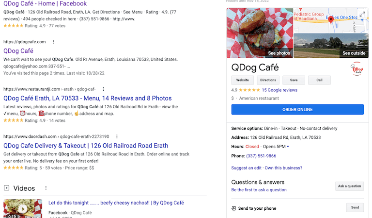 Screen shot of google search for QDog Cafe