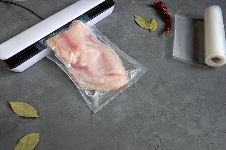 White fish filets are sealed into plastic bags with a vacuum-sealing machine.