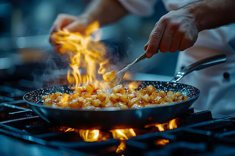 Chef Flambéing Potatoes in Professional Kitchen