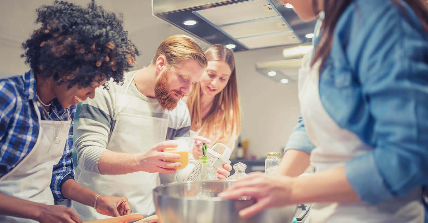 Austin S Home Cook Classes Escoffier   Group Of Young Students Preparing A Recipe Together In Cooking Class 