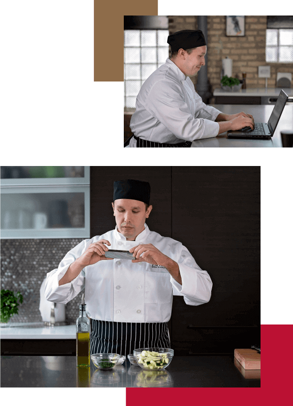 A collage of Escoffier online student typing on a computer laptop and taking pictures of his assignments
