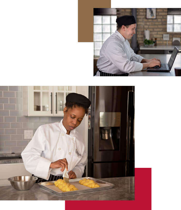 A collage of photos of an online culinary arts student in front of his computer at home and a student basting butter on dough in her kitchen