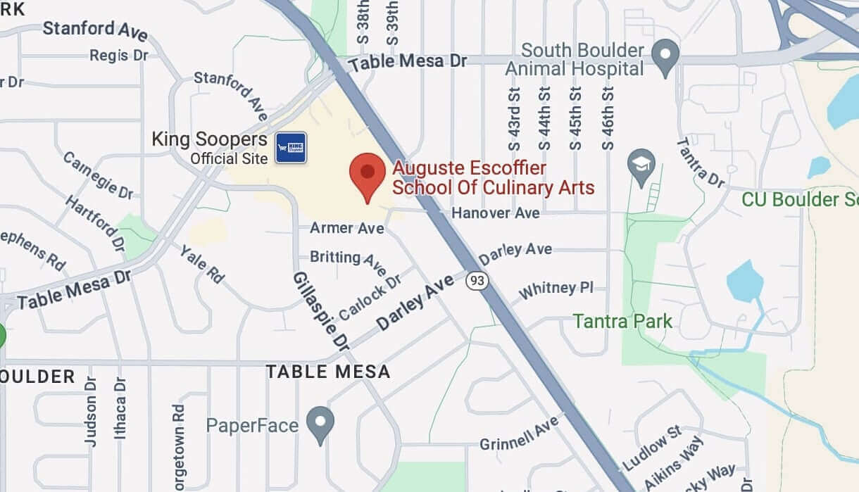 A digital screenshot of a Google map with the pin on Auguste Escoffier School of Culinary Arts in Boulder, Colorado