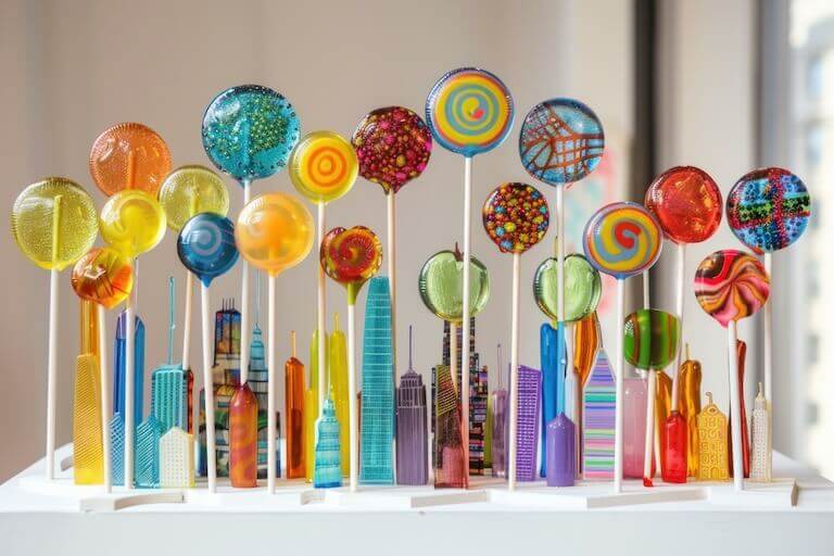 Artistic display of vibrant, candy-shaped sculptures resembling a mini city skyline.