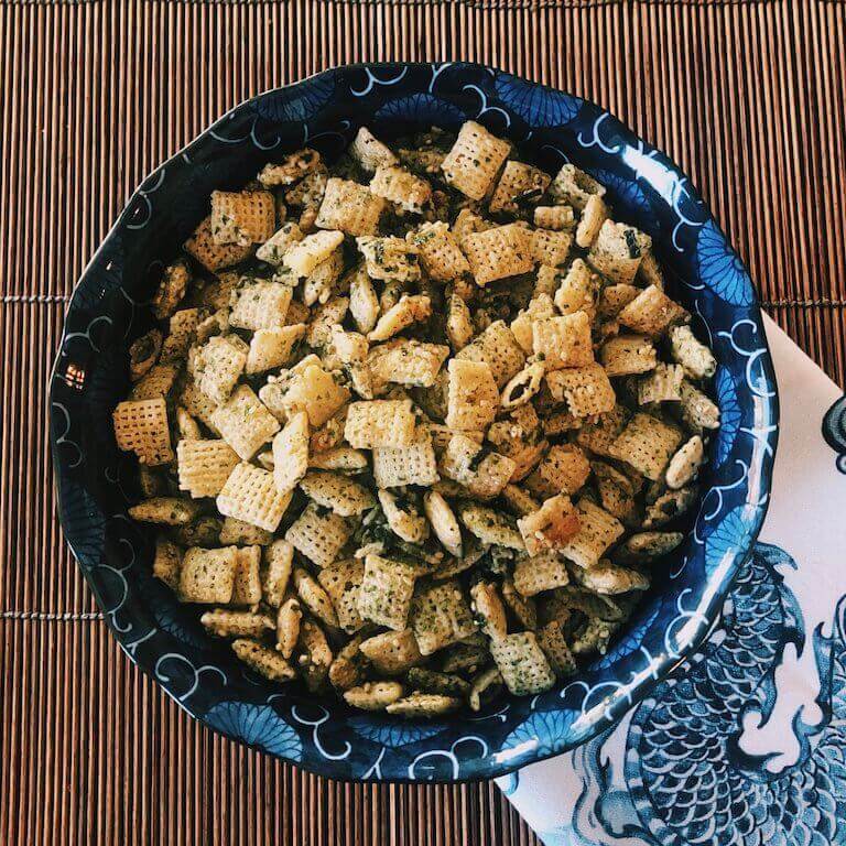 Japanese-American rendition of arare - a rice-cracker snack seasoned with soy sauce