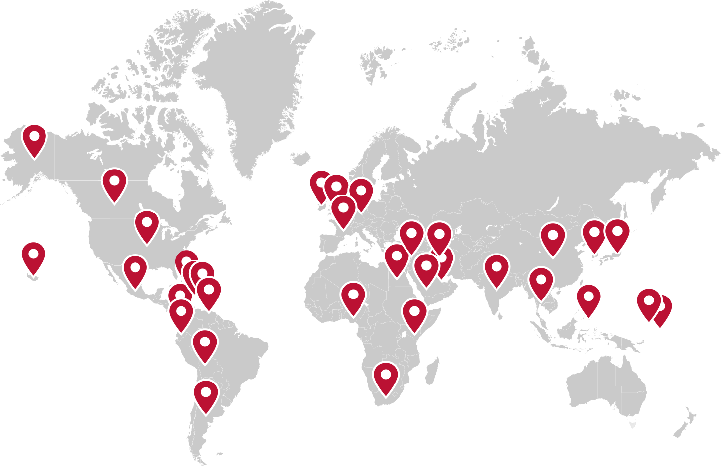 World map with red pins representing countries from which Escoffier graduates are from